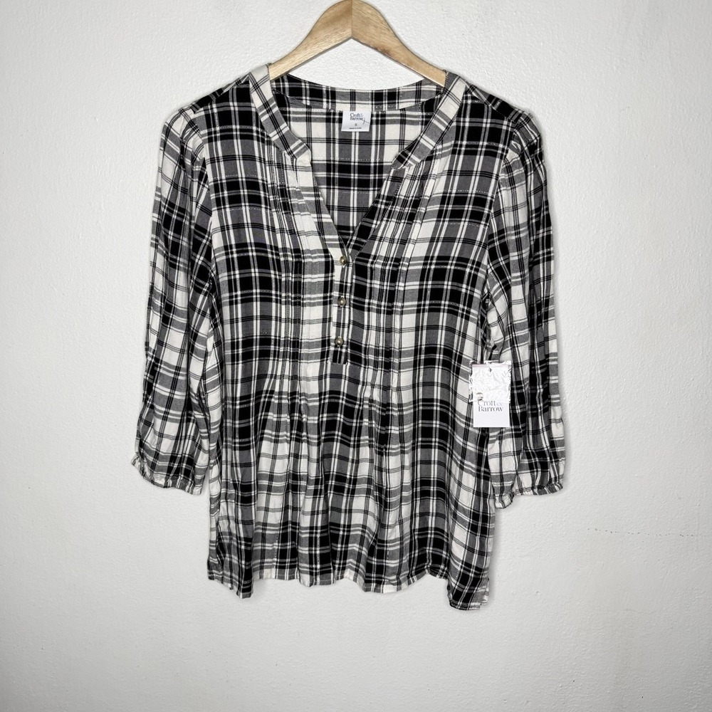 New Croft And Barrow Black White Sparkle‎ Popover Blouse Plaid Top Womens Small